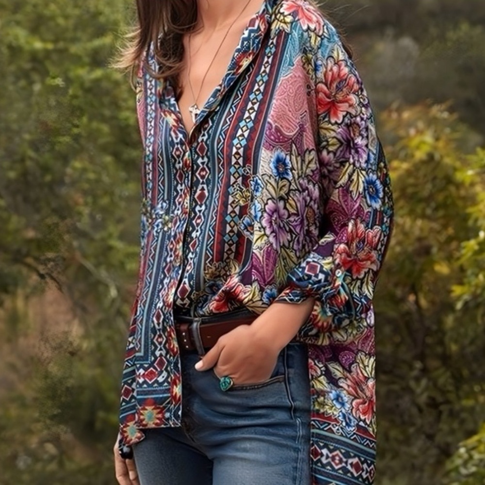Johnny Was Ledona Janelle 100% Silk Floral Button Up Top XS Boho